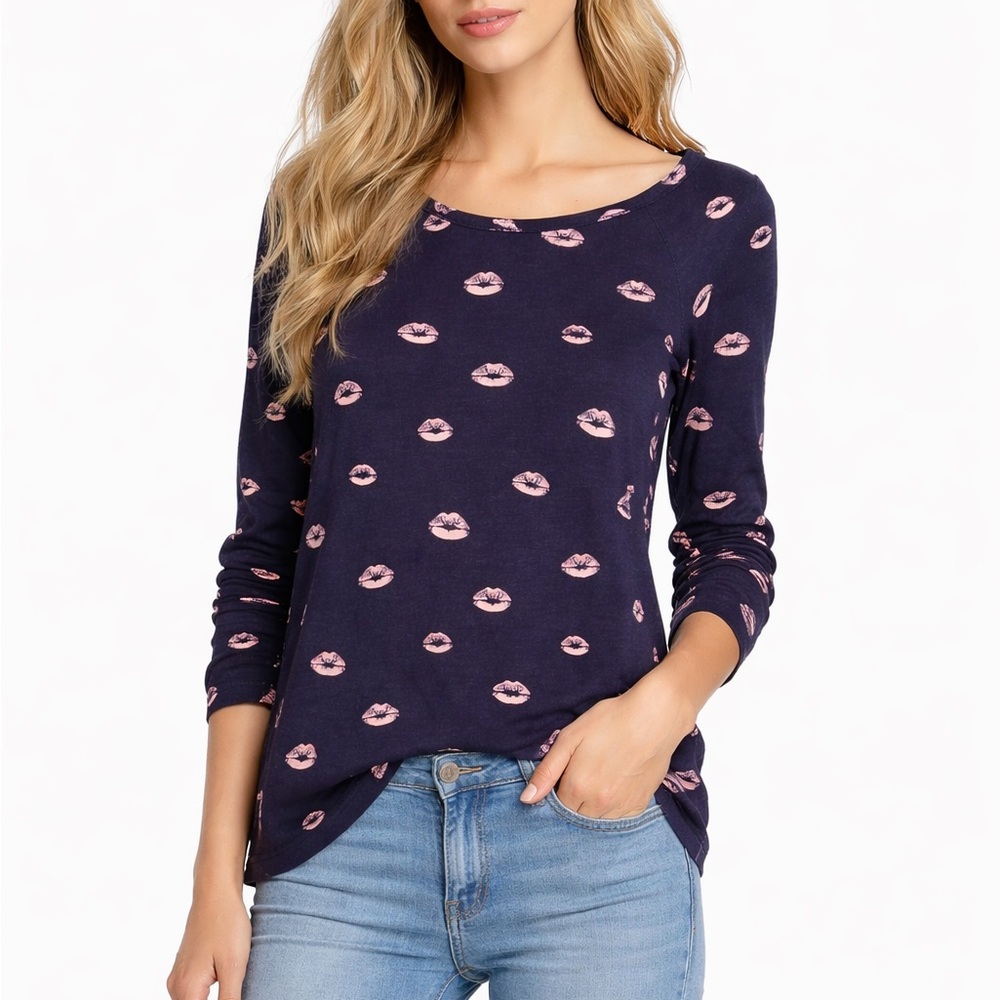 Joie Annora B Navy Lips Print Long Sleeve Top | Size Small | NWT - Picture 1 of 7